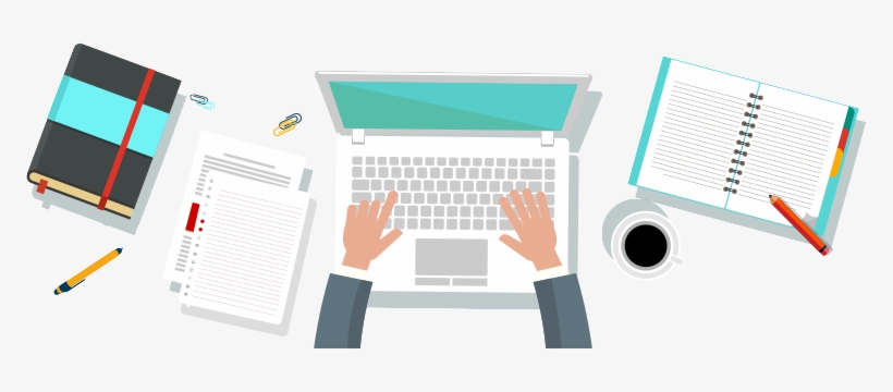 A businessman is working on his laptop while surrounded by a cluttered desk that includes a cup of coffee, a stack of papers, a planner, and a notebook with a pencil.