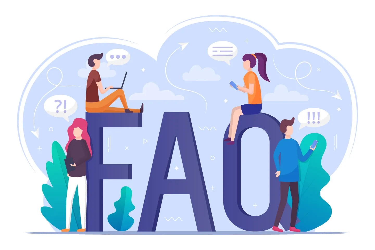 An FAQ graphic featuring four persons using various electronic devices and they are jam packed with possible questions.
