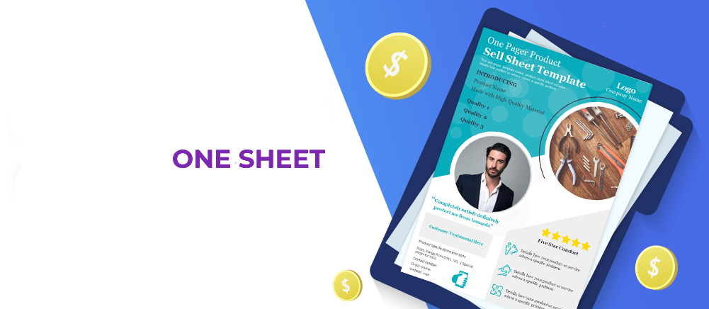 Displaying a stack of One Sheet samples with a gold dollar coin sign and the left side has a text of "One Sheet” in bold lettering.