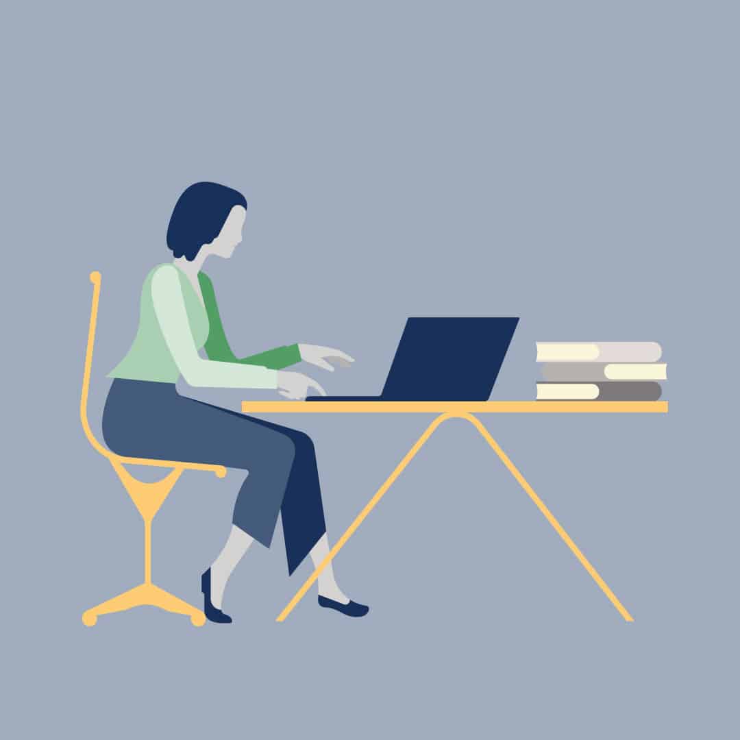 A busy woman is working diligently on her laptop with a stack of books beside her while working on brand pitch emails to help you develop a working relationship between your company and a particular brand that you are interested in.