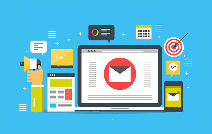 A colourful graphic of promotional email icons on a laptop illustrates how sending a cold email can increase organic traffic to a website.