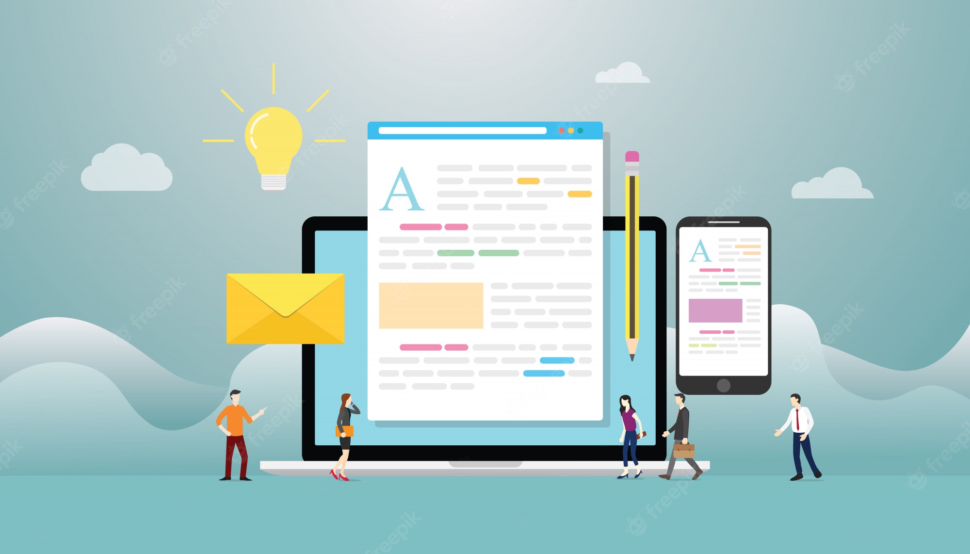 A creative graphic of a huge computer with four components on the screen: an envelope, an article with content, a pencil, and a phone, emphasizing how contents enable you to reach out and interact with potential clients. Five copywriters are preparing to provide well written content for your target audience.