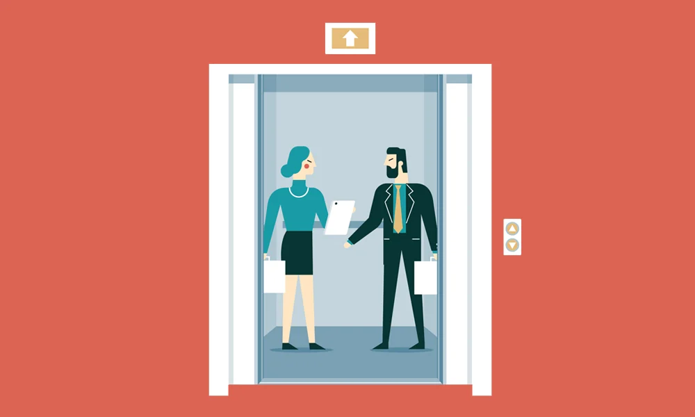 Two employees were communicating while taking an elevator up, it is an example of a product elevator pitch