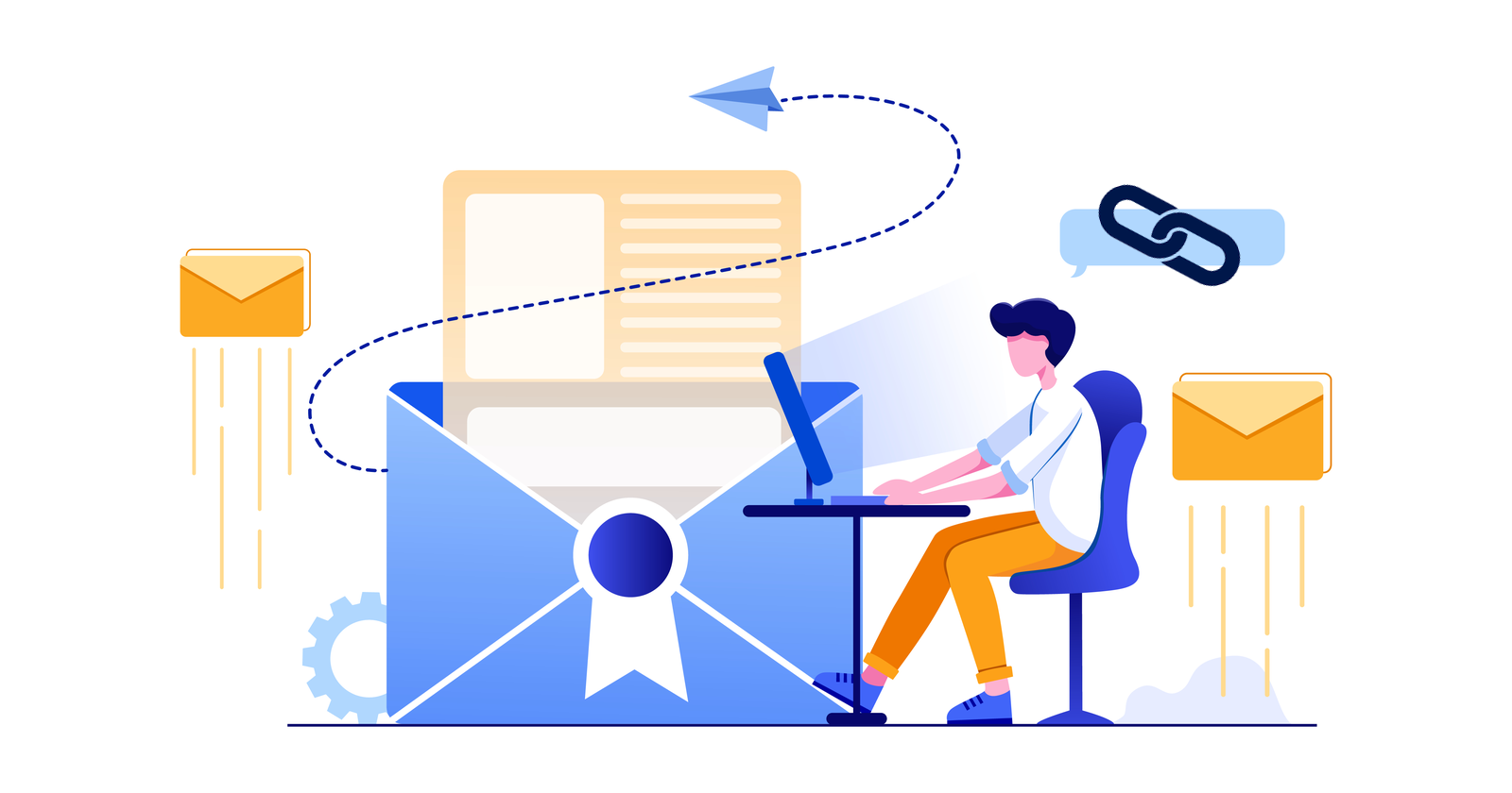 An image of a man working at his computer and a large icon of a digital email envelope is shown. He is doing cold email outreach to develop inbound links.