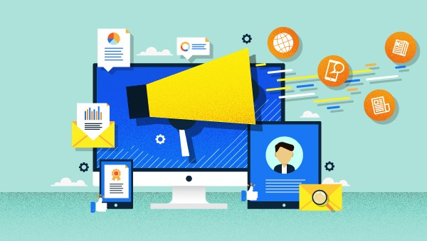 Different kinds of beautiful icons representing various media pitches presented on a large screen with a megaphone to boost your brand's visibility in the market.