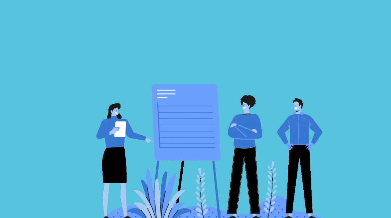 Three people standing in front of a sales meeting, using a three legged easel and a board to discuss strategies for overcoming potential buyers' objections.