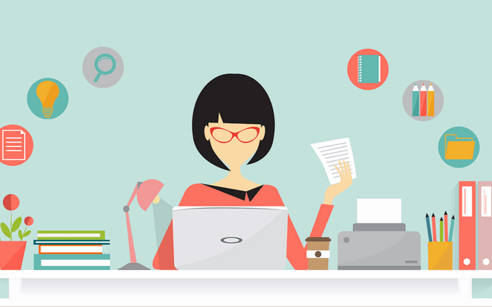 A busy female copywriter sits at her desk with a stack of notebooks, a lamp, a cup of coffee, a pencil, and a typewriter, producing some content or an article for a website. Six small icons above her demonstrate how to create compelling content that will help your business thrive.