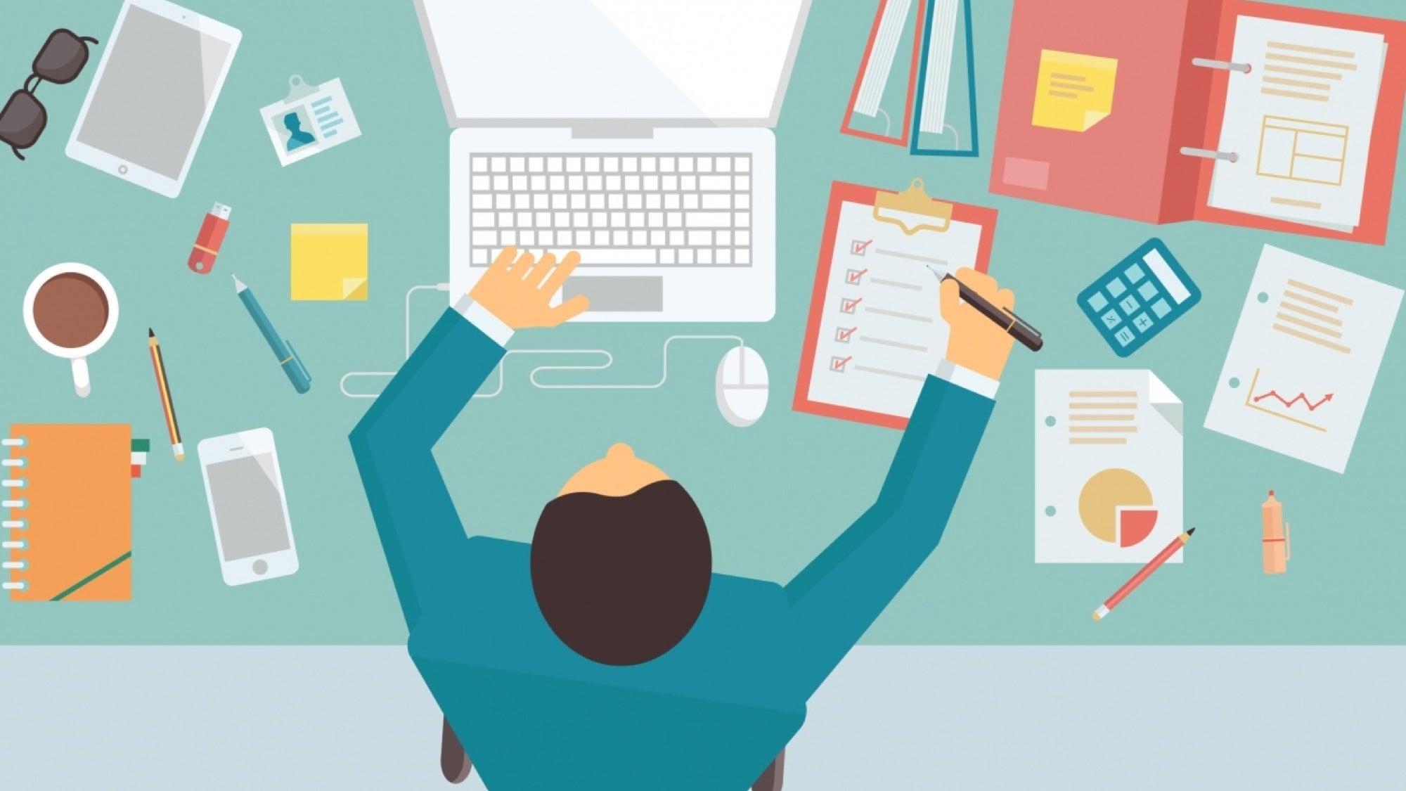 A busy businessman was using a laptop while looking at a check list, with a busy table; alongside him on the left side were various items such as a phone, a planner, a coffee, an iPad, and several pens. On the right side, he has a collection of business ideas and statistics, as well as a calculator and a binder.