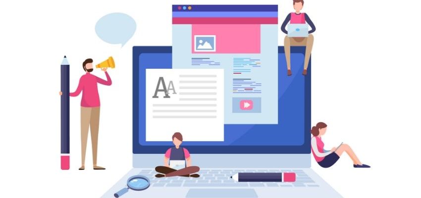 A large laptop screen displaying quality website material that has been specifically written for your target market, together with three people browsing through their electronic devices in order to drive more traffic to the website, and a man carrying a large pencil while talking into a megaphone.