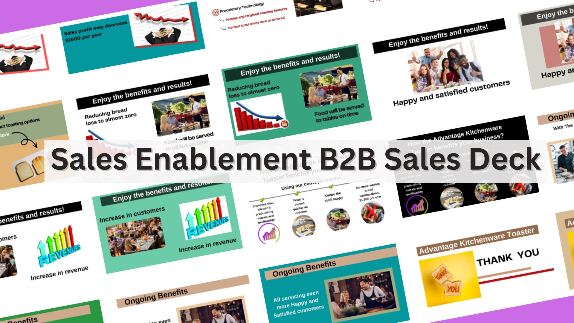 A series of sales deck templates, with the text "sales enablement b2b sales deck" placed in the middle of the cover image.