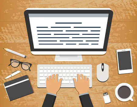 A writer is typing on his computer to create a well written article for his website since engaging articles can attract readers, increase website traffic, and improve customer recognition for your business. Aside from his computer, he has a phone, a cup of coffee, a mouse, a flash drive, some glasses, and a notebook with a pen.