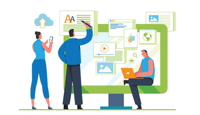 This image shows three creative copywriters making a graphic design and unique visual styles for their brand. The woman is scrolling through her phone, a man in the middle is brainstorming slogans, ad headlines, jingles, TV commercials, and email subject lines, and a man on the right side is working on his laptop creating engaging content.