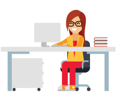 An enthusiastic marketing copywriter works on her computer with a stack of books beside her to develop strategic words that engage the target audience, inform, educate, and motivate people to take action.