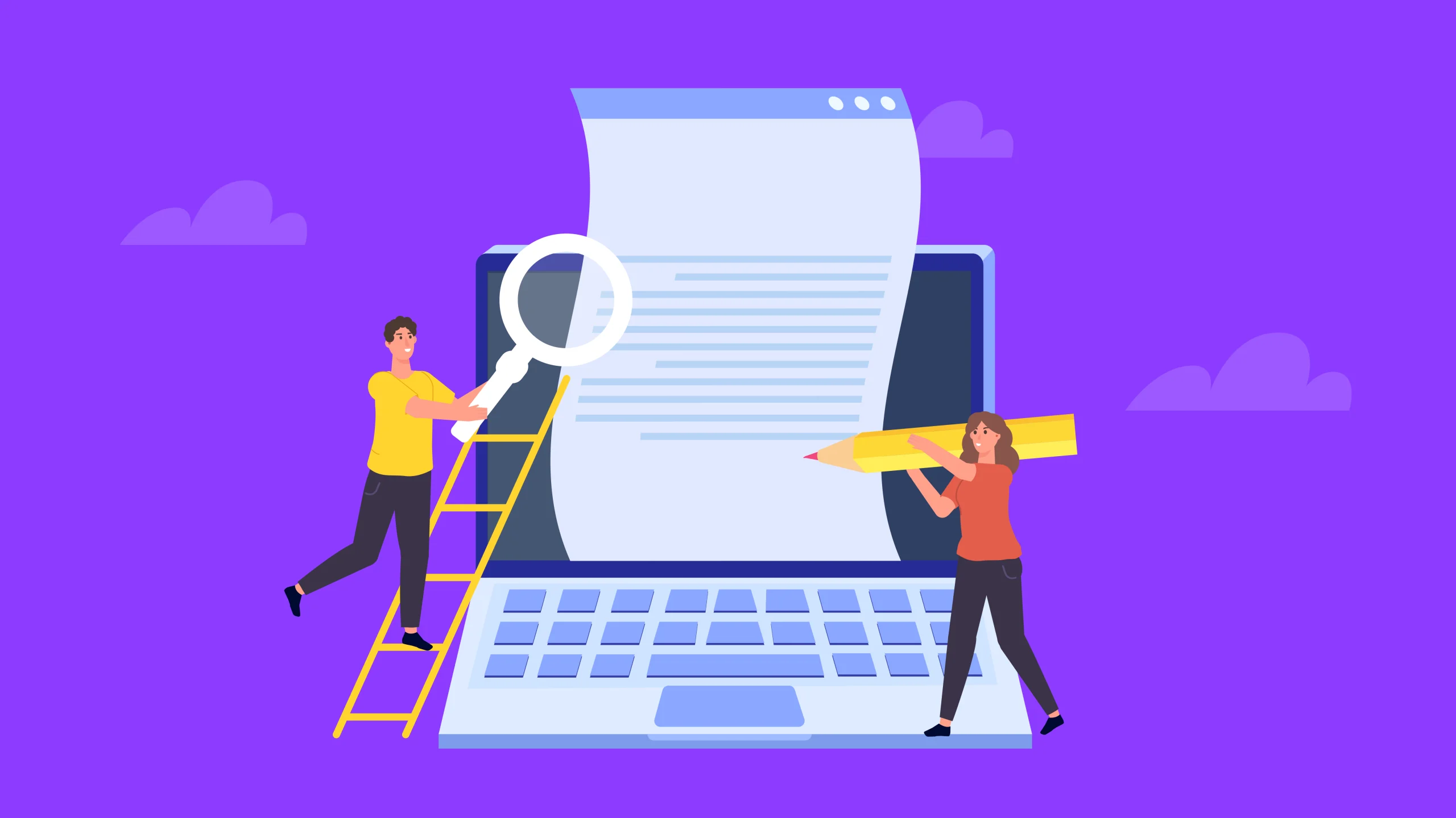 A guy is shown climbing the stairs while holding a large magnifying glass, and a woman is seen carrying a large pencil as they work to create material on a large laptop in the same manner as SEO copywriters do in order to boost traffic and make more sales.