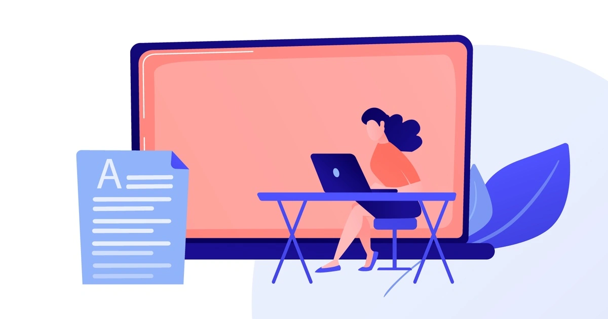 An eye catching graphic features a female UX copywriter creating interesting user experience content at her desk while using her laptop.