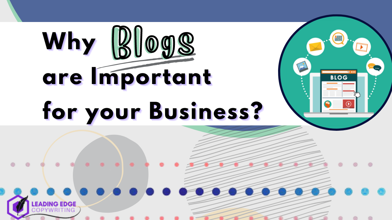 A lovely picture containing circular patterns, with a green circle featuring a laptop and a blog on the right side. The blog displays a variety of icons that illustrate how blogging enables you to interact with your audience, share your story, and inform people about your products or services. While the question "Why blogs are important for your business?" is located on the left side of the picture.