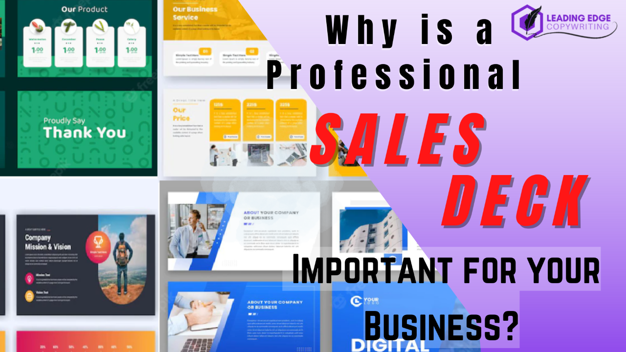 A visually attractive graphic of a collection of sales deck samples and templates to help customers understand why they need your product and why it is the best fit for their needs. On the right side of the graphic, the words "Why is a professional sales deck important for your business?" appear.