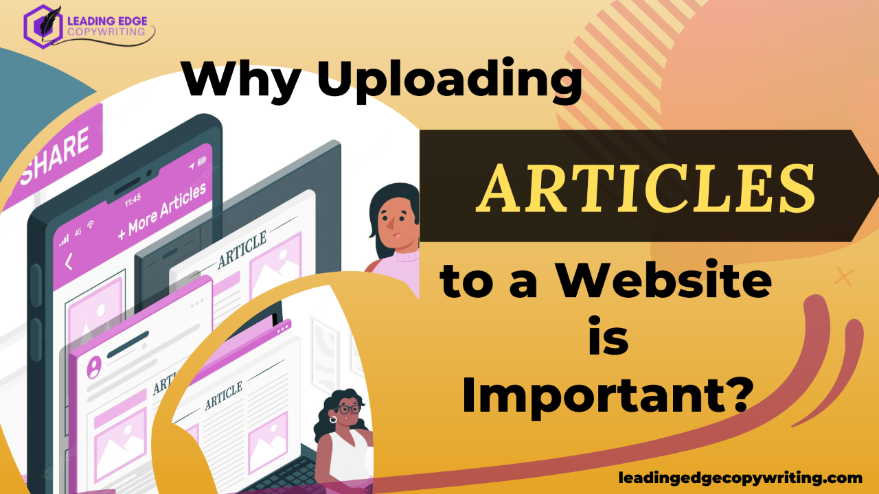 A nice design with a yellowish background. It contains a variety of devices with written articles and the right side of the image has a phrase saying, "Why posting articles to a website is important?"